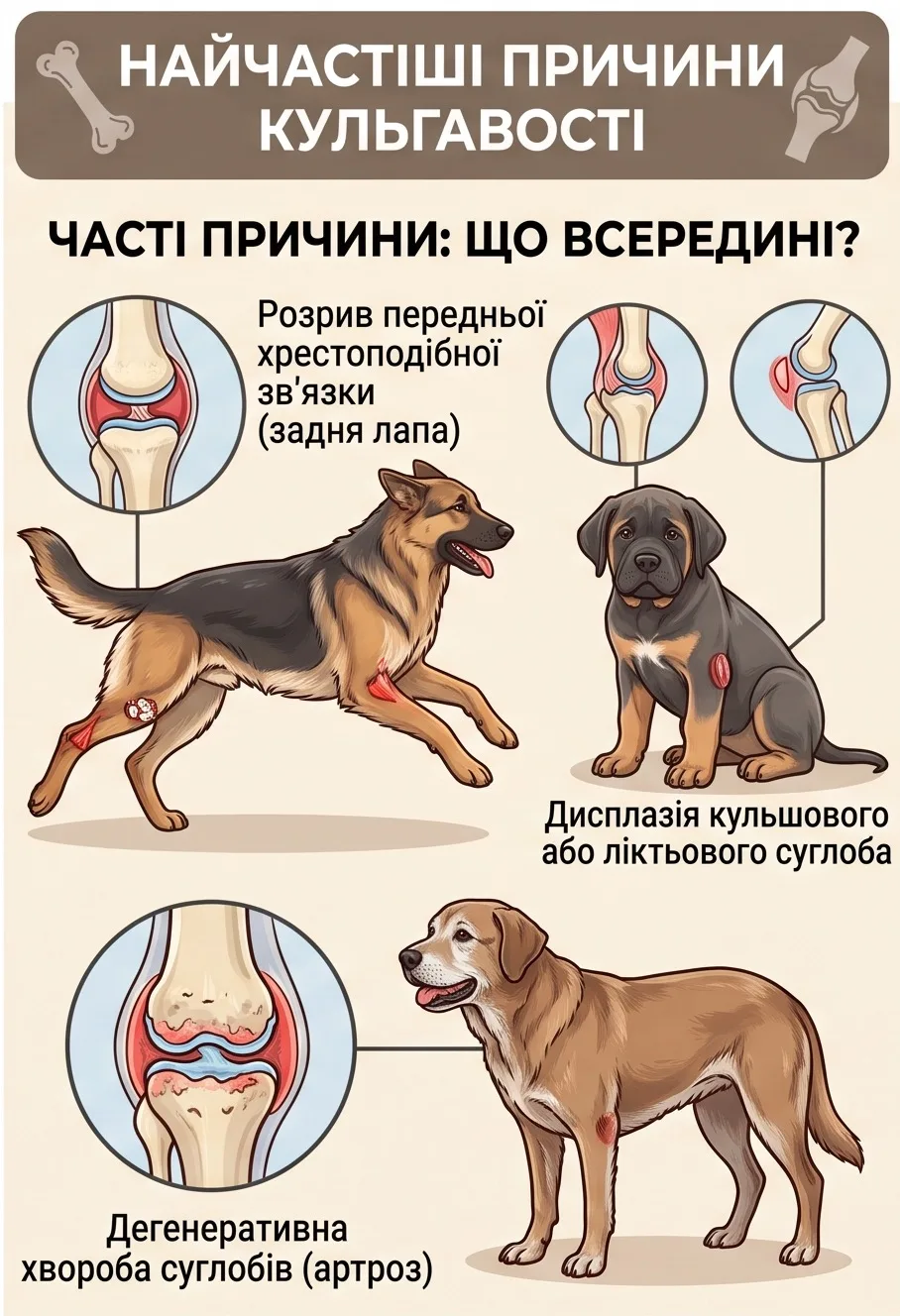 Інфографіка: поширені причини кульгавості у собак — розрив хрестоподібної зв'язки, дисплазія суглоба, дегенеративна хвороба суглобів